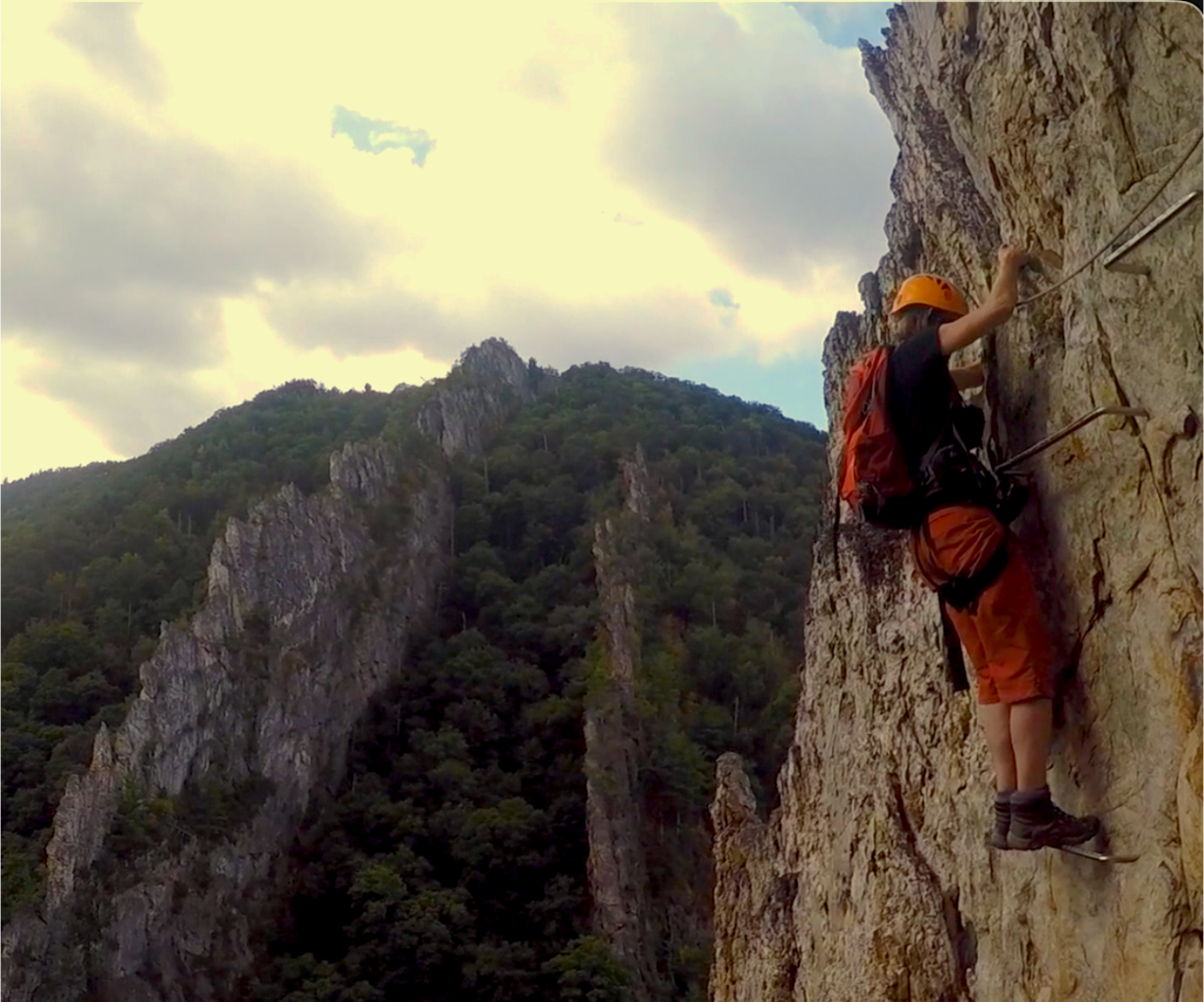 Adventure participants on an exposed ridge